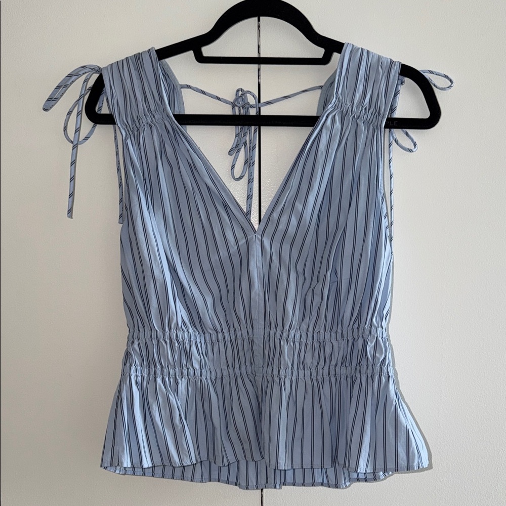& Other Stories Light Blue and Navy Striped V-Neck Peplum Tie Shoulder Top